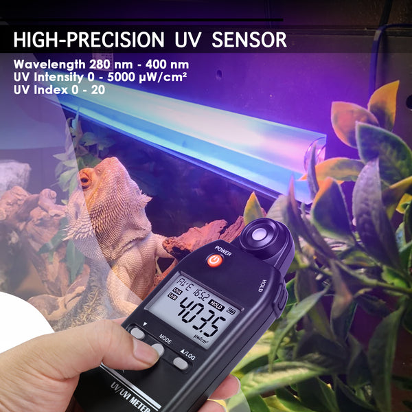 UVM-529 Digital Ultraviolet Detector UV UVI Tester Light Meter Irradiance Intensity Monitor 100 Data Record for Reptile Husbandry, Phototherapy, Indoor Tanning Personal and Professional Usage