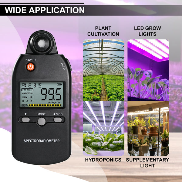 PAR-530 Spectroradiometer PPFD Meter Spectrometer PAR Quantum Meter UV IR Light Color Control Analysis Measures 320-800nm from 0~5000μmolm²/s Ideal for Plant Growth, Lab, Home and Industrial Use