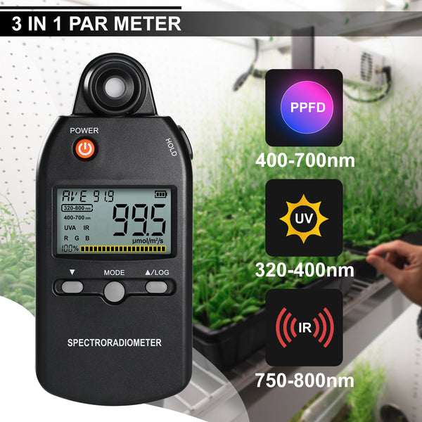 PAR-530 Spectroradiometer PPFD Meter Spectrometer PAR Quantum Meter UV IR Light Color Control Analysis Measures 320-800nm from 0~5000μmolm²/s Ideal for Plant Growth, Lab, Home and Industrial Use