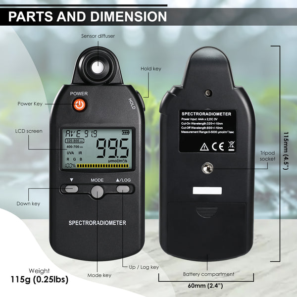 PAR-530 Spectroradiometer PPFD Meter Spectrometer PAR Quantum Meter UV IR Light Color Control Analysis Measures 320-800nm from 0~5000μmolm²/s Ideal for Plant Growth, Lab, Home and Industrial Use