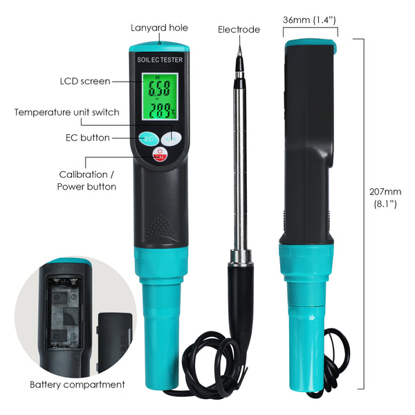 SQM-416 Waterproof Soil EC and Temperature Meter Digital Tester with ATC for Potted Plants Gardening Agriculture Farm