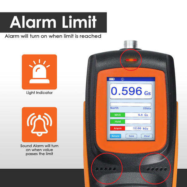 EMF-456 Gauss Meter Portable Tesla Meter Gaussmeter 0~2500 mT Surface Magnetic Field Tester High Precision Hall Sensor ±1% Accuracy with Data Record Function