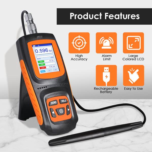 EMF-456 Gauss Meter Portable Tesla Meter Gaussmeter 0~2500 mT Surface Magnetic Field Tester High Precision Hall Sensor ±1% Accuracy with Data Record Function