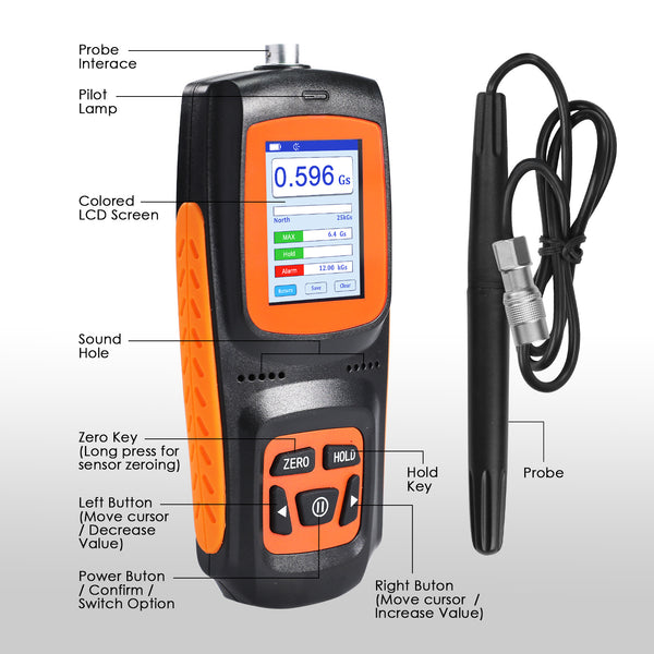 EMF-456 Gauss Meter Portable Tesla Meter Gaussmeter 0~2500 mT Surface Magnetic Field Tester High Precision Hall Sensor ±1% Accuracy with Data Record Function