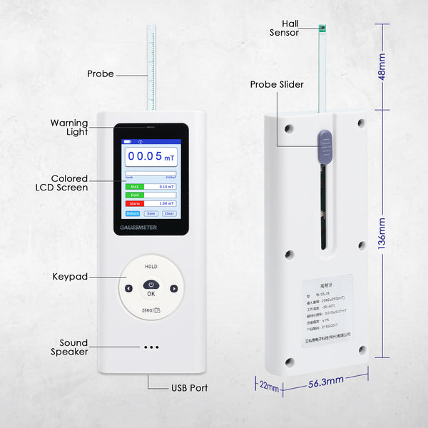 EMF-506 Digital Gauss Meter / Tesla Meter - High Precision Portable Magnetic Field Detector 0~25k Gs (0~2500 mT) Range for Magnet Testing, Motors & Industrial Applications HD Colored Display with Hall Sensor
