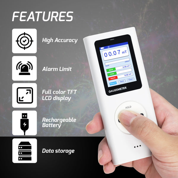 EMF-506 Digital Gauss Meter / Tesla Meter - High Precision Portable Magnetic Field Detector 0~25k Gs (0~2500 mT) Range for Magnet Testing, Motors & Industrial Applications HD Colored Display with Hall Sensor