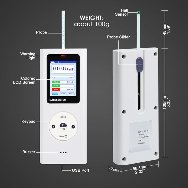 EMF-506 Digital Gauss Meter / Tesla Meter - High Precision Portable Magnetic Field Detector 0~25k Gs (0~2500 mT) Range for Magnet Testing, Motors & Industrial Applications HD Colored Display with Hall Sensor