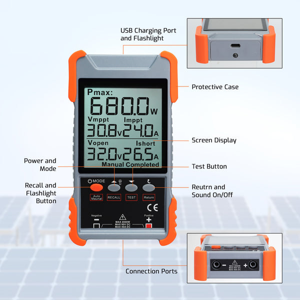 EMF-541 2000W Solar Panel Tester MPPT Photovoltaic Meter with Data Storage, Full Protection & Color Screen | Portable PV Panel Tester for Testing, Installation & Maintenance