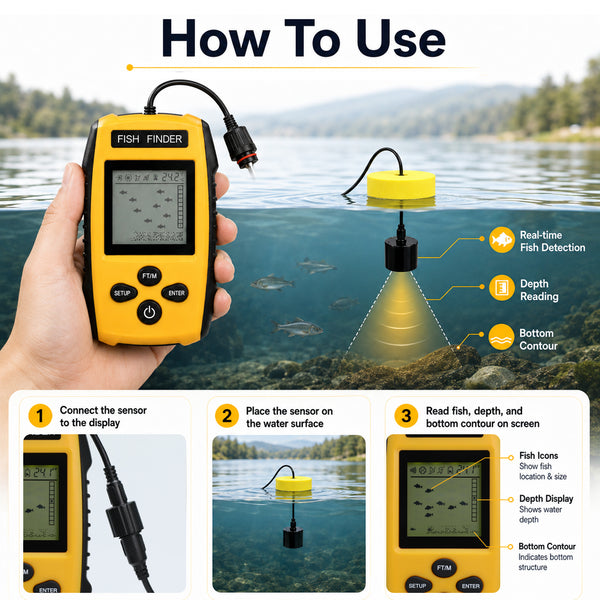 FFW-572 Portable Fish Finder, Wired Sonar Fish Depth Finder with 25ft Cable, Floating Transducer, LCD Display & Backlight for Boat, Kayak, Ice Fishing, Lake & Sea