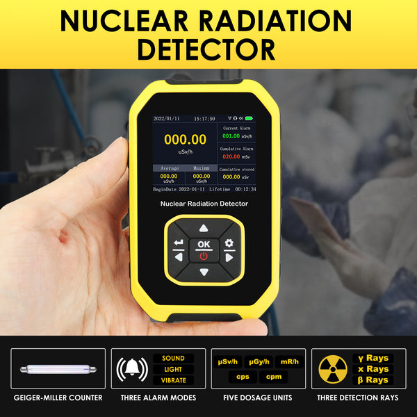 GAM-391 Geiger Counter Nuclear Radiation Detector Handheld Dosimeter Beta Gamma X-ray Rechargeable Radioactive Monitor Tester Switchable 5 Dosage Units for Outdoor Industry Research and Personal Home Usage