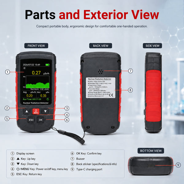 GAM-571 Digital Geiger Counter Nuclear Radiation Detector X-ray Gamma Beta Meter with LCD Alarm, Real-time Data Tracking for Geological Surveys, Nuclear Power Plants, Chemical Laboratories, Outdoor environments