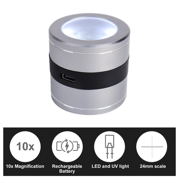 GEM-386 Rechargeable 10X Full Metal Jeweler Optical Magnifying Glass 5 LED 5 UV Light Scale Loupe USB Charging Lens Jewelry Gemstone Magnifier Tool