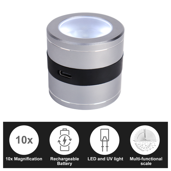 GEM-386 Rechargeable 10X Full Metal Jeweler Optical Magnifying Glass 5 LED 5 UV Light Scale Loupe USB Charging Lens Jewelry Gemstone Magnifier Tool
