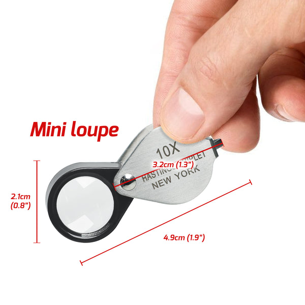 GEM-394 10x Magnification Hasting Jewelry Mini Loupe Optical Glass Triplet Lens Stainless Steel Body Foldaway Pocket Magnifying Tool Stamp & Coin Hobbyists Watch Repair Mechanic