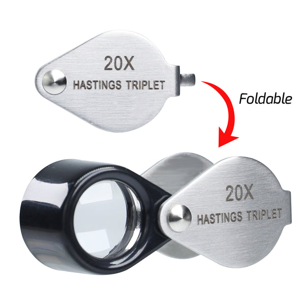 GEM-395 20x Magnification Hasting Jewelry Mini Loupe Optical Glass Triplet Lens Stainless Steel Body Foldaway Pocket Magnifying Tool Stamp & Coin Hobbyists Watch Repair Mechanic