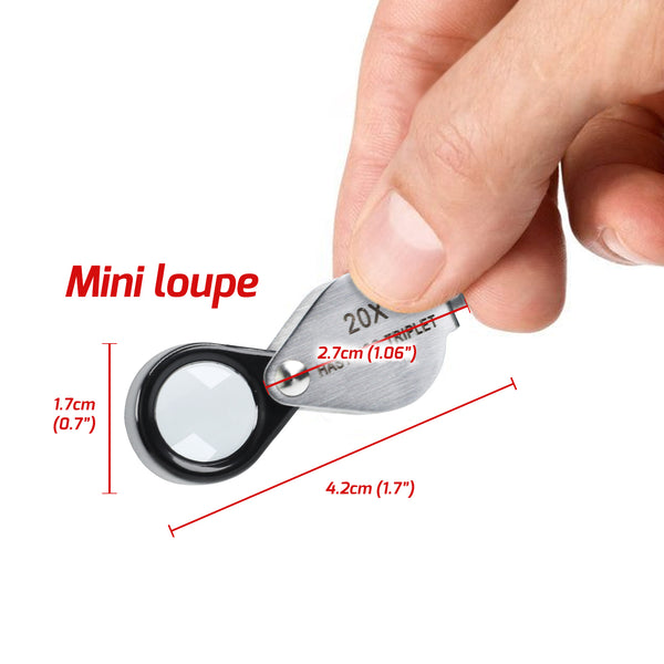 GEM-395 20x Magnification Hasting Jewelry Mini Loupe Optical Glass Triplet Lens Stainless Steel Body Foldaway Pocket Magnifying Tool Stamp & Coin Hobbyists Watch Repair Mechanic