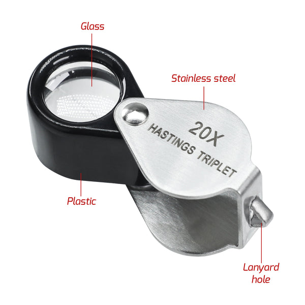 GEM-395 20x Magnification Hasting Jewelry Mini Loupe Optical Glass Triplet Lens Stainless Steel Body Foldaway Pocket Magnifying Tool Stamp & Coin Hobbyists Watch Repair Mechanic
