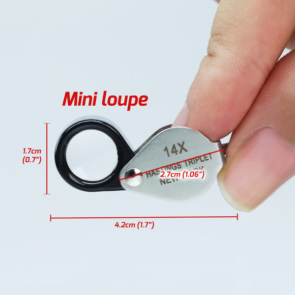 GEM-403 14x Magnification Hasting Jewelry Mini Loupe Optical Glass Triplet Lens Stainless Steel Body Foldaway Pocket Magnifying Tool Stamp & Coin Hobbyists Watch Repair Mechanic