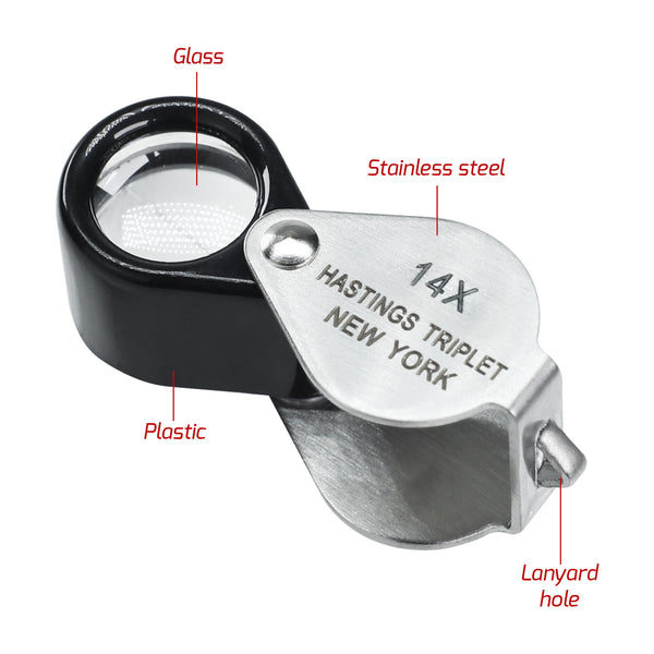 GEM-403 14x Magnification Hasting Jewelry Mini Loupe Optical Glass Triplet Lens Stainless Steel Body Foldaway Pocket Magnifying Tool Stamp & Coin Hobbyists Watch Repair Mechanic