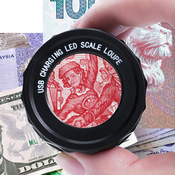 GEM-446 Rechargeable 10x Magnification Scale Loupe, K9 Optical Glass with LED/UV Lighting and Adjustable Focal Length for Jewelry, Coins, Stamps, and Small Objects
