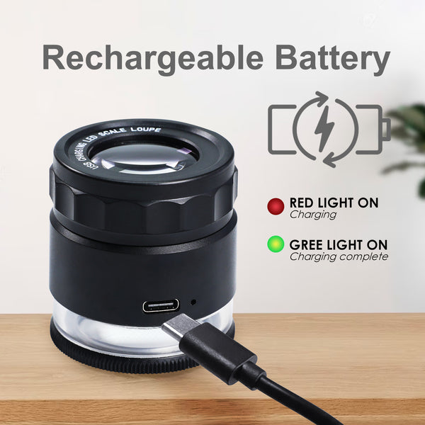 GEM-446 Rechargeable 10x Magnification Scale Loupe, K9 Optical Glass with LED/UV Lighting and Adjustable Focal Length for Jewelry, Coins, Stamps, and Small Objects