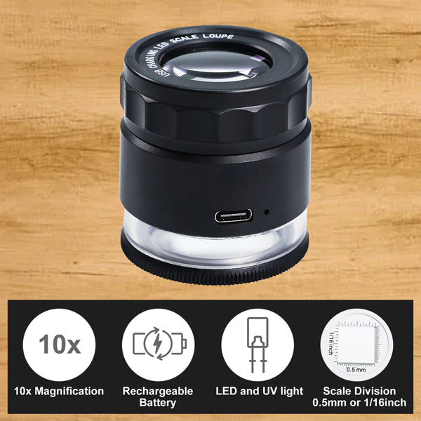 GEM-446 Rechargeable 10x Magnification Scale Loupe, K9 Optical Glass with LED/UV Lighting and Adjustable Focal Length for Jewelry, Coins, Stamps, and Small Objects