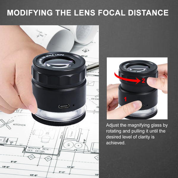 GEM-446 Rechargeable 10x Magnification Scale Loupe, K9 Optical Glass with LED/UV Lighting and Adjustable Focal Length for Jewelry, Coins, Stamps, and Small Objects