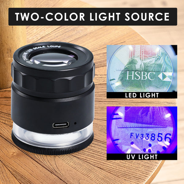 GEM-446 Rechargeable 10x Magnification Scale Loupe, K9 Optical Glass with LED/UV Lighting and Adjustable Focal Length for Jewelry, Coins, Stamps, and Small Objects