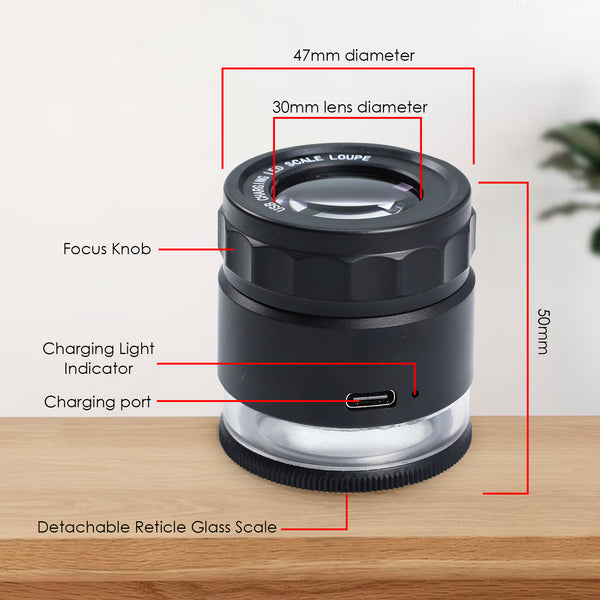GEM-446 Rechargeable 10x Magnification Scale Loupe, K9 Optical Glass with LED/UV Lighting and Adjustable Focal Length for Jewelry, Coins, Stamps, and Small Objects