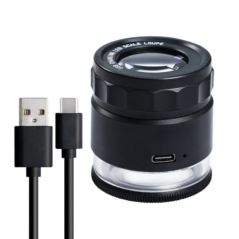 GEM-446 Rechargeable 10x Magnification Scale Loupe, K9 Optical Glass with LED/UV Lighting and Adjustable Focal Length for Jewelry, Coins, Stamps, and Small Objects