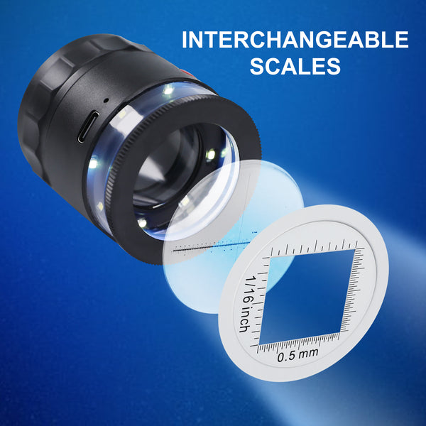 GEM-446 Rechargeable 10x Magnification Scale Loupe, K9 Optical Glass with LED/UV Lighting and Adjustable Focal Length for Jewelry, Coins, Stamps, and Small Objects
