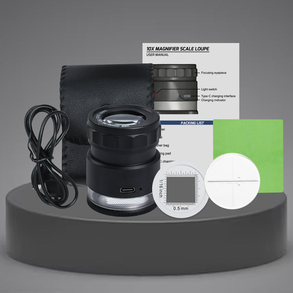 GEM-446 Rechargeable 10x Magnification Scale Loupe, K9 Optical Glass with LED/UV Lighting and Adjustable Focal Length for Jewelry, Coins, Stamps, and Small Objects