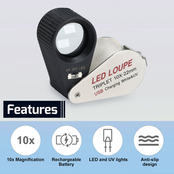 GEM-450_10X Jeweler Magnifier Loupe 10X with 6 UV and LED Light 22mm Optical Triplet Lens, USB Rechargeable Mini Gem Tool