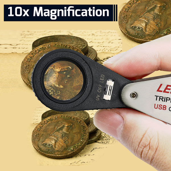 GEM-450_10X Jeweler Magnifier Loupe 10X with 6 UV and LED Light 22mm Optical Triplet Lens, USB Rechargeable Mini Gem Tool