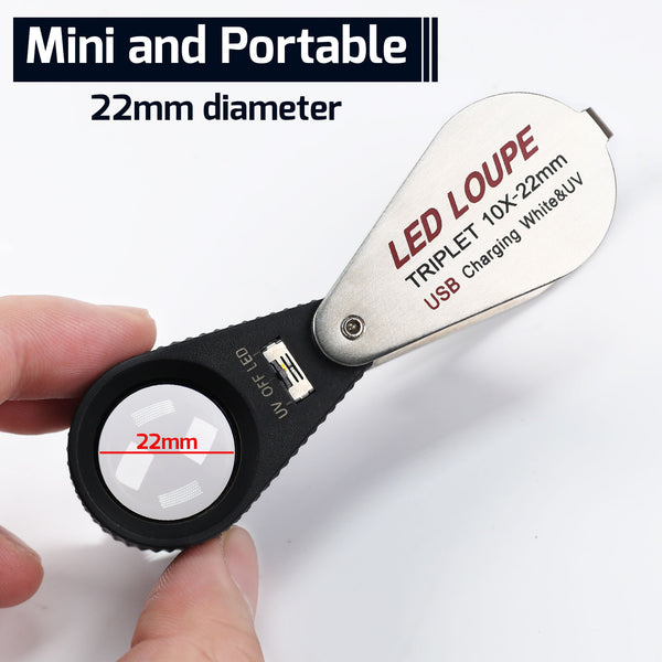 GEM-450_10X Jeweler Magnifier Loupe 10X with 6 UV and LED Light 22mm Optical Triplet Lens, USB Rechargeable Mini Gem Tool