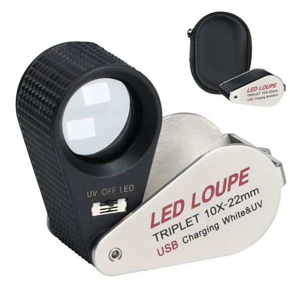 GEM-450_10X Jeweler Magnifier Loupe 10X with 6 UV and LED Light 22mm Optical Triplet Lens, USB Rechargeable Mini Gem Tool