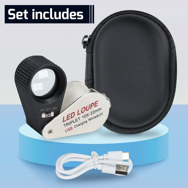 GEM-450_10X Jeweler Magnifier Loupe 10X with 6 UV and LED Light 22mm Optical Triplet Lens, USB Rechargeable Mini Gem Tool