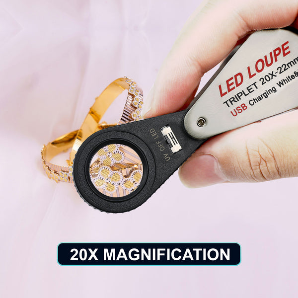 GEM-450_20X Jeweler Magnifier Loupe 20X with 6 UV and LED Light 22mm Optical Triplet Lens, USB Rechargeable Mini Gem Tool