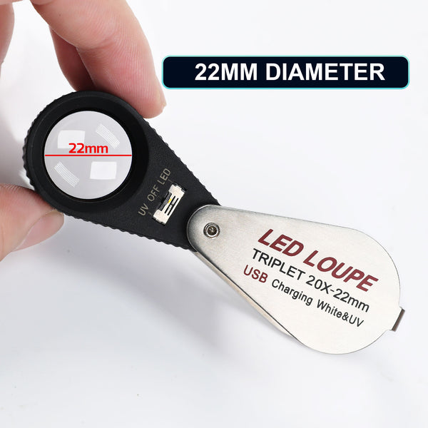 GEM-450_20X Jeweler Magnifier Loupe 20X with 6 UV and LED Light 22mm Optical Triplet Lens, USB Rechargeable Mini Gem Tool