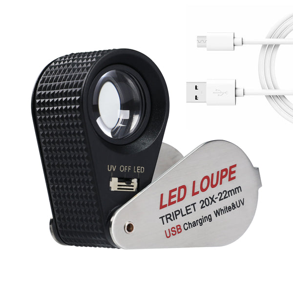 GEM-450_20X Jeweler Magnifier Loupe 20X with 6 UV and LED Light 22mm Optical Triplet Lens, USB Rechargeable Mini Gem Tool