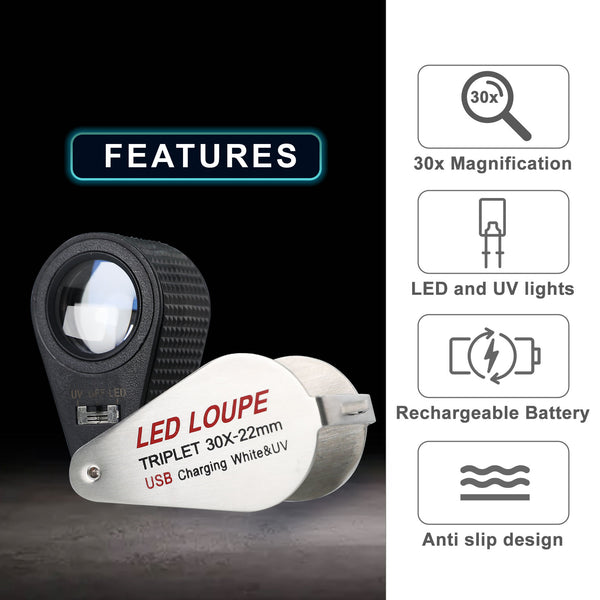 GEM-450_30X Jeweler Magnifier Loupe 30X with 6 UV and LED Light 22mm Optical Triplet Lens, USB Rechargeable Mini Gem Tool