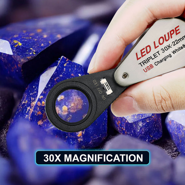 GEM-450_30X Jeweler Magnifier Loupe 30X with 6 UV and LED Light 22mm Optical Triplet Lens, USB Rechargeable Mini Gem Tool