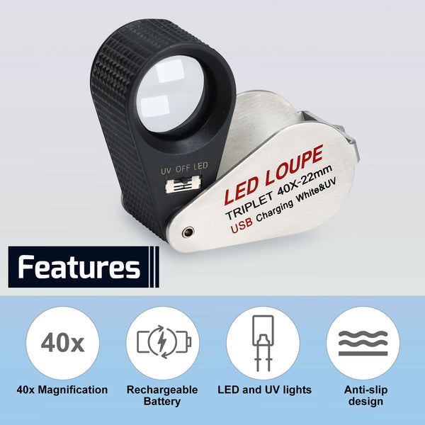 GEM-450_40X Jeweler Magnifier Loupe 40X with 6 UV and LED Light 22mm Optical Triplet Lens, USB Rechargeable Mini Gem Tool