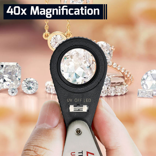 GEM-450_40X Jeweler Magnifier Loupe 40X with 6 UV and LED Light 22mm Optical Triplet Lens, USB Rechargeable Mini Gem Tool