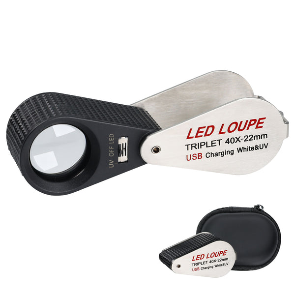 GEM-450_40X Jeweler Magnifier Loupe 40X with 6 UV and LED Light 22mm Optical Triplet Lens, USB Rechargeable Mini Gem Tool