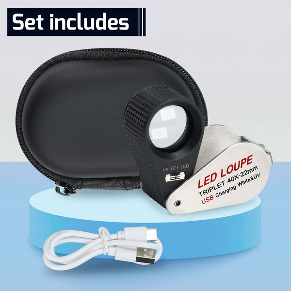 GEM-450_40X Jeweler Magnifier Loupe 40X with 6 UV and LED Light 22mm Optical Triplet Lens, USB Rechargeable Mini Gem Tool