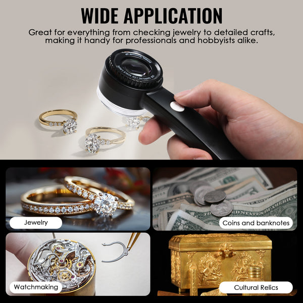 GEM-521 10X Magnifying Loupe with LED Light & UV - K9 Lens with 30mm Diameter, Portable Jewelers Loupe for Gemstone, Coin, Stamp, PCB Inspection USB-C Rechargeable