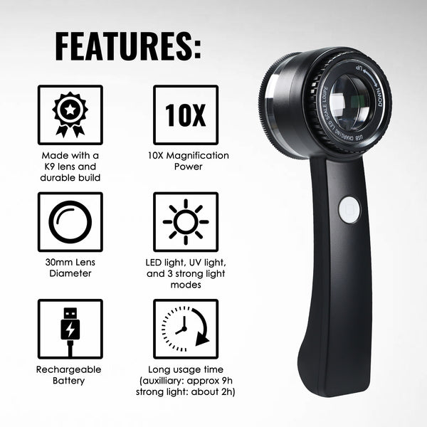 GEM-521 10X Magnifying Loupe with LED Light & UV - K9 Lens with 30mm Diameter, Portable Jewelers Loupe for Gemstone, Coin, Stamp, PCB Inspection USB-C Rechargeable