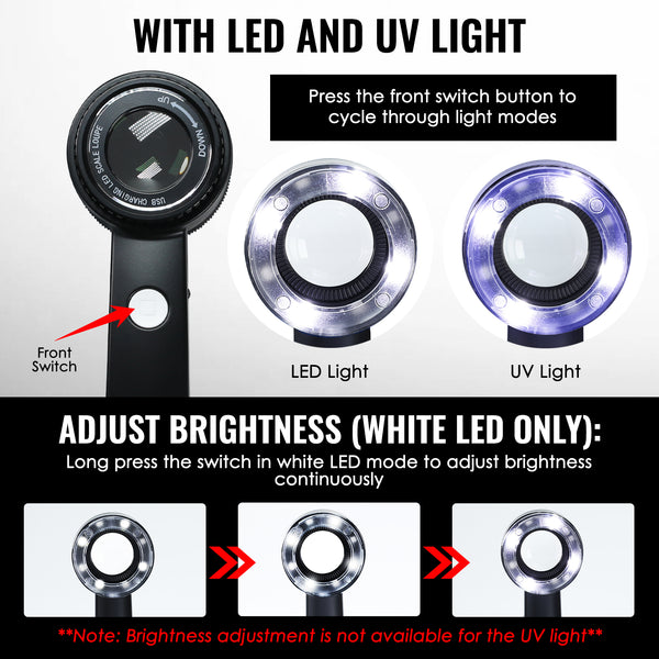 GEM-521 10X Magnifying Loupe with LED Light & UV - K9 Lens with 30mm Diameter, Portable Jewelers Loupe for Gemstone, Coin, Stamp, PCB Inspection USB-C Rechargeable