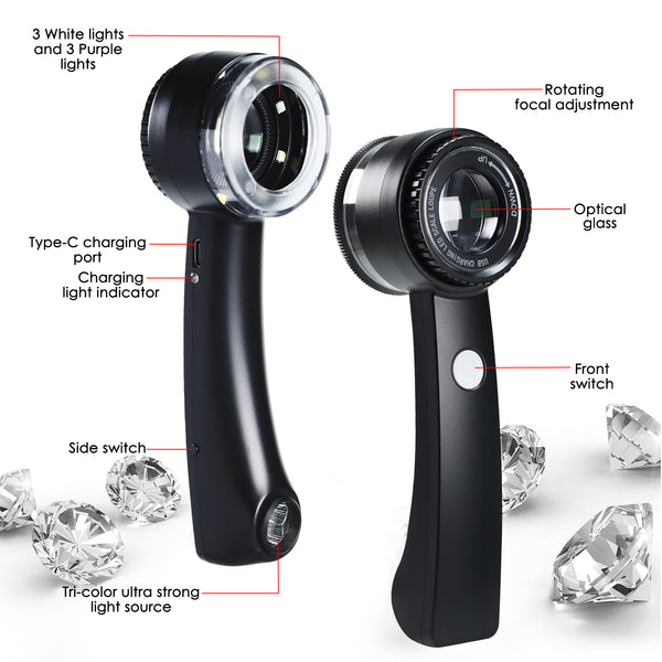 GEM-521 10X Magnifying Loupe with LED Light & UV - K9 Lens with 30mm Diameter, Portable Jewelers Loupe for Gemstone, Coin, Stamp, PCB Inspection USB-C Rechargeable